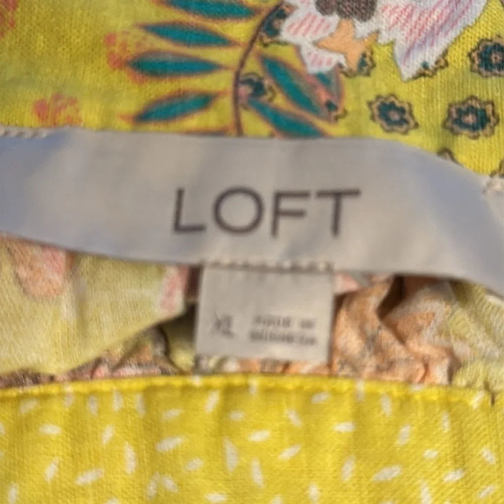 LOFT Floral Yellow floral patchwork Blouse puff sleeves linen‎ blend top Sz XL